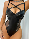 ZASUWA Female PU Faux Leather Fishnet Lace Up Bodysuit