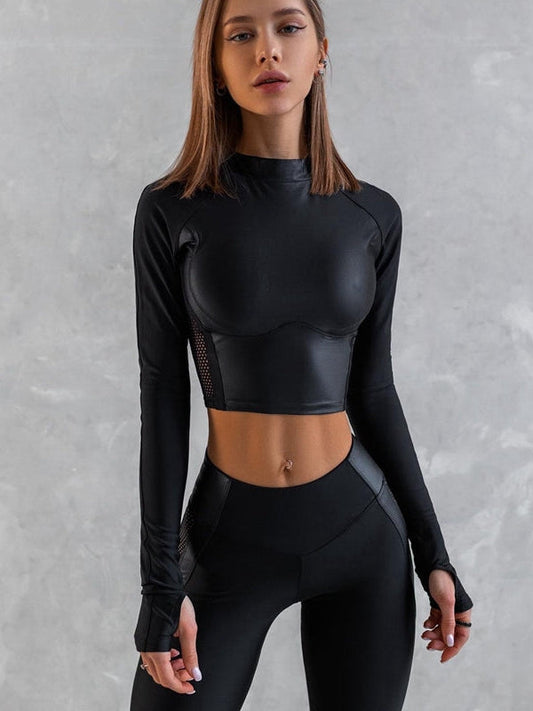 ZASUWA Female PU Net Thumbholes High-rise Hip-lift Sportswear