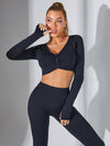 ZASUWA Female Deep V Back Scrunch Bum Flare Front Folds Thumbhole Leggings