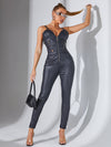 ZASUWA Female Faux Leather Zipper Pocket Jumpsuit