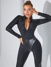 ❤ZASUWA Female Faux Leather Zipper Stand Collar Jumpsuit