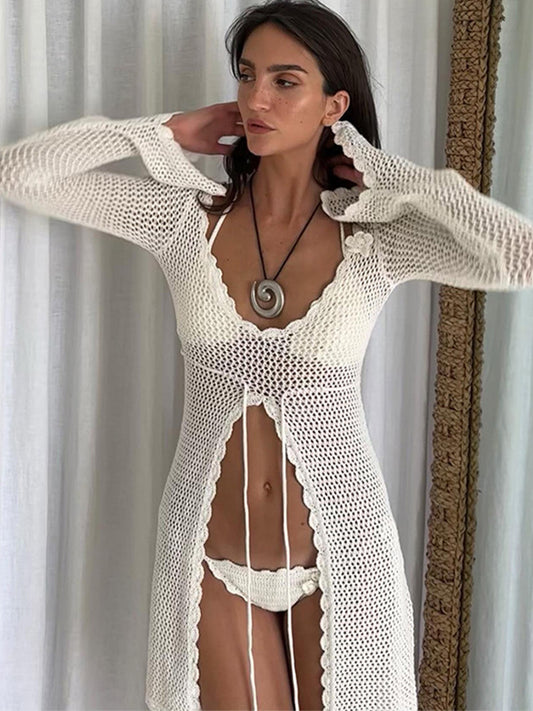 ZASUWA Female Sexy Fishnet Lace-up Hollow Out Swimwear Cover Dress