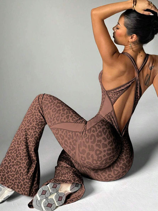ZASUWA Female Sexy Leopard Print Hollow Out Cross Back Deep V Back Jumpsuit