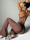 ZASUWA Female Sexy Leopard Print Hollow Out Cross Back Deep V Back Jumpsuit