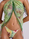 ZASUWA Female Sexy Flower Sequin Tassel Mesh 3-Pieces Lace-up Bikini Set