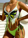 ZASUWA Female Butterfly Print Cut Out Tie Front Drawstring Swimsuit Bikini Set
