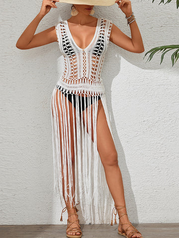 ZASUWA Female Sexy Fishnet Hollow Out Tassel Without Bikini Set Swimwear Cover-up