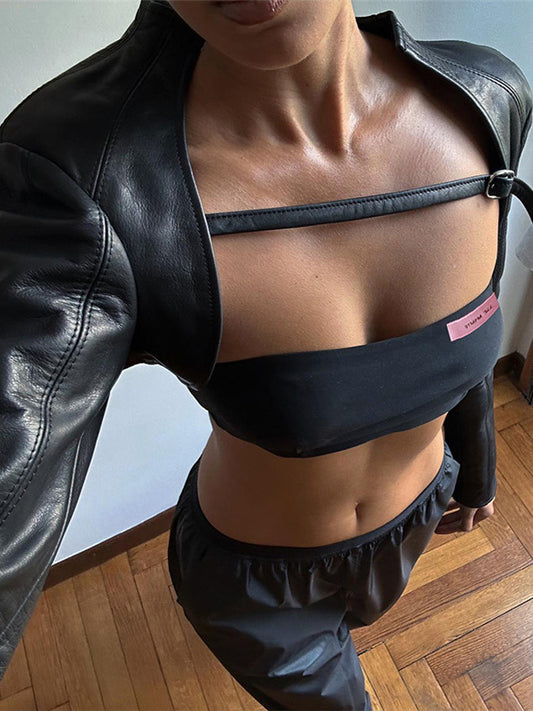 ZASUWA Female Sexy Glossy PU Faux Leather 2-piece Crop Top Long Sleeves