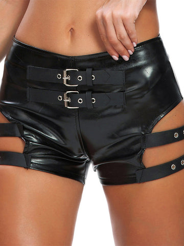 ZASUWA Female Sexy Faux Leather Hollow Out with Metal Booty Shorts
