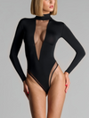 🖤ZASUWA Female Sexy Deep V See-Through Mesh Patchwork Long Sleeve Bodysuit