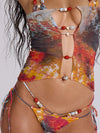ZASUWA Female Fashion Sexy Natural Texture Print Mesh 3-Pieces Hollow Out Bikini Set