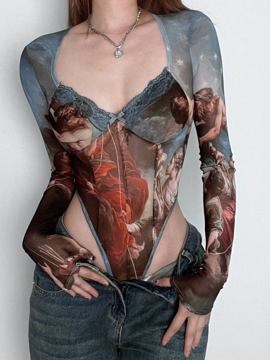 ZASUWA Female Hot Tie-dye Print Sexy Sheer Mesh Bodysuit