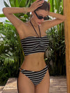 ZASUWA Female Contrast Color Halter Stripes Backless Beach Bikini Set