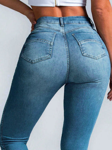 ZASUWA Female Sexy Denim Elastic Tight Pocket Cargo Leggings