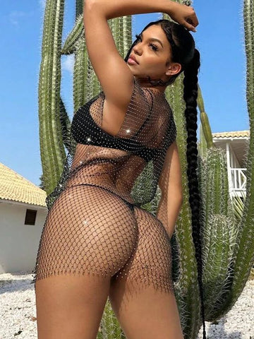 ZASUWA Female Sexy Fishnet Crystal Set Beach Dress Without Bikini
