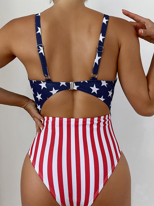 ZASUWA Female Great Flags Contrast Color Stripes Hollow Out Backless One Piece
