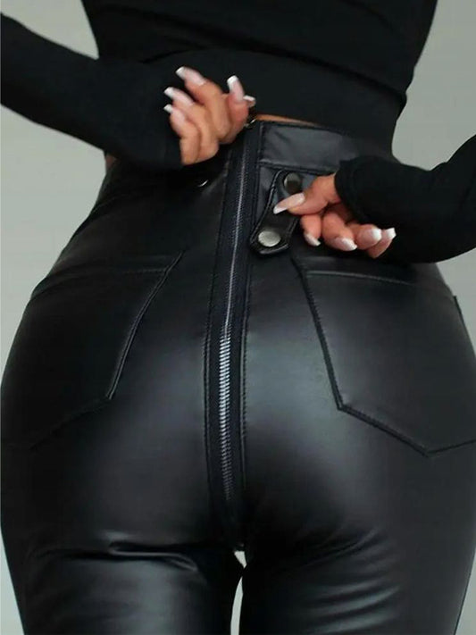 🖤ZASUWA Female Faux Leather Zipper Buttons Pocket Leggings