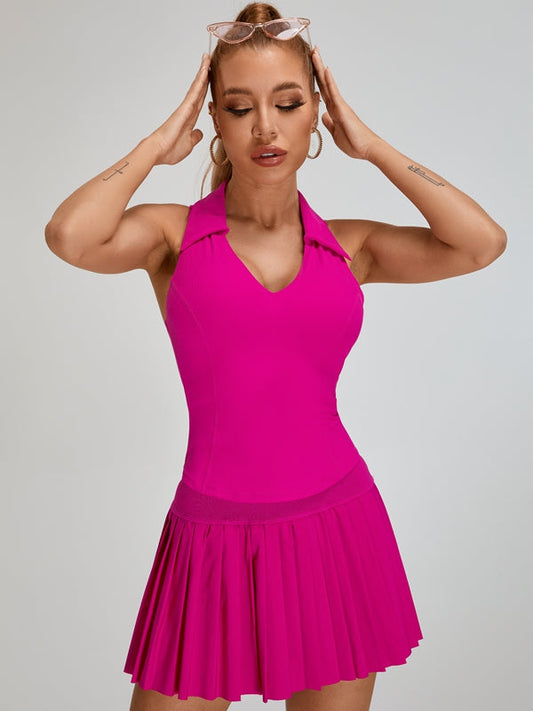 ZASUWA Female V-Collar Pleated 2 In 1 Tennis Skirts Suit