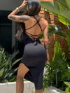 ZASUWA Female Solid Color Cross Back Hollow Out Split Dress