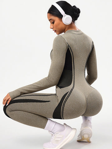 ZASUWA Female Contrast Color Stand Up Collar Zipper Elastic Tight Jumpsuit