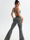 ZASUWA Female Sexy Leopard Print Hollow Out Cross Back Deep V Back Jumpsuit