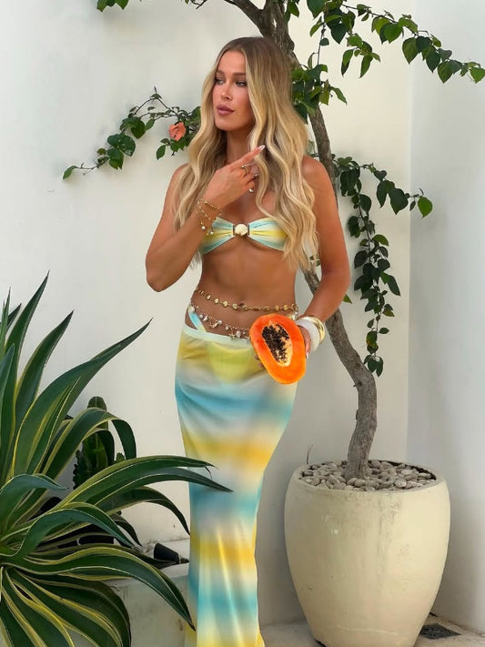 ZASUWA Female Unique Hot Tie-dye Shell Mesh 3-Pieces Bikini Set