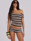 ZASUWA Female Contrast Color Halter Stripes Lace-up 3-Pieces Beach Bikini Set