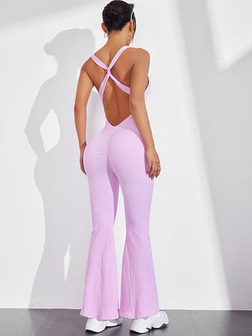 ZASUWA Female Cross Back Scrunch Bum Flare Ribbed Jumpsuit