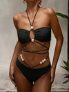 ZASUWA Female Solid Color Pearl Lace-up Hollow Out 3-Pieces Mesh Bikini Set