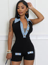 ZASUWA Female Stand Up Collar Contrast Color with Metal Buttons Backless Romper