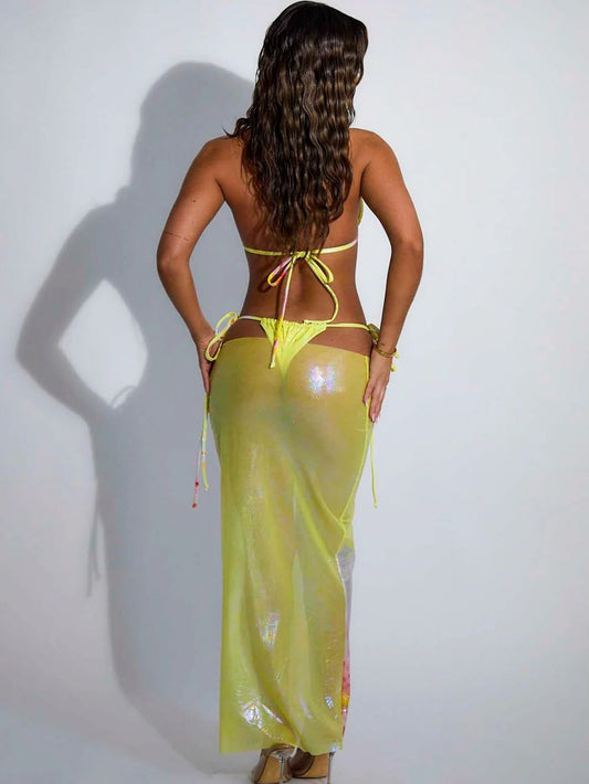 ZASUWA Female Unique Glossy Mesh Flower Print with Metal Ring 3-Pieces Bikini Set