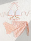 ZASUWA Female Sexy 3 Pieces Petal Mesh Metal Chain Beach Bikini Set