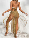 ZASUWA Female Sexy Halter Fishnet Hollow Out Tassel Swimwear Cover-up Without Bikini Set
