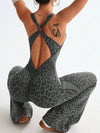 ZASUWA Female Sexy Leopard Print Hollow Out Cross Back Deep V Back Jumpsuit