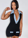 ZASUWA Female Stand Up Collar Contrast Color with Metal Buttons Backless Romper