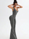 ZASUWA Female Sexy Leopard Print Hollow Out Cross Back Deep V Back Jumpsuit