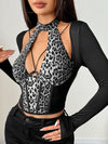 ZASUWA Female Leopard Print Hollow Out Halter Long Sleeves