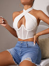 ZASUWA Female Sexy Mesh Hollow Out Halter Lace-up Tanks