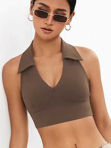 ZASUWA Female Solid Color Stand Up Collar Deep V Halter Backless Quick Dry Tank