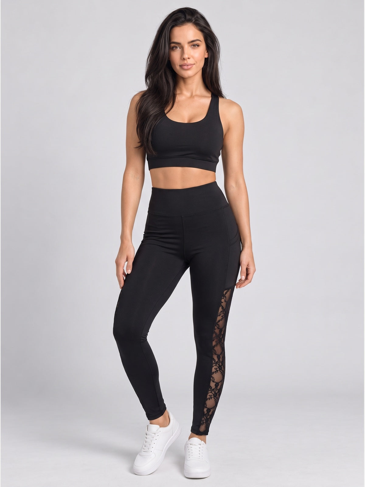 Women's High-Waisted Lace Panel Active Leggings with Pockets