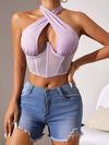ZASUWA Female Sexy Mesh Hollow Out Halter Lace-up Tanks