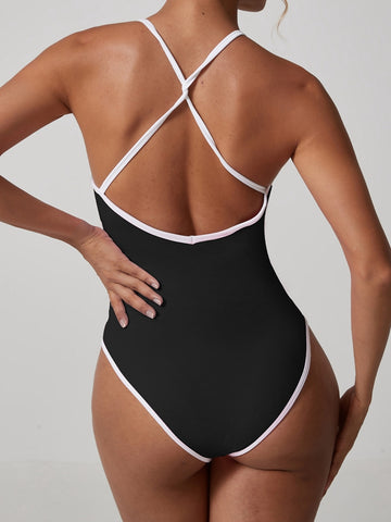 ZASUWA Female V Collar Cross Back Contrast Color Stripes Bodysuit