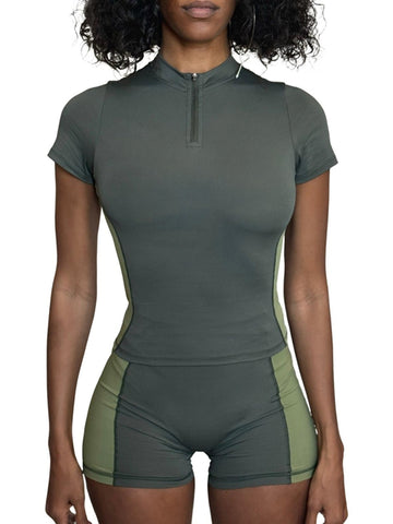 ZASUWA Female Contrast Color Zipper Elastic Tight Short Tracksuit