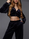 ZASUWA Female Velvet Zipper Pocket Hooded Casual Cropped Tracksuit