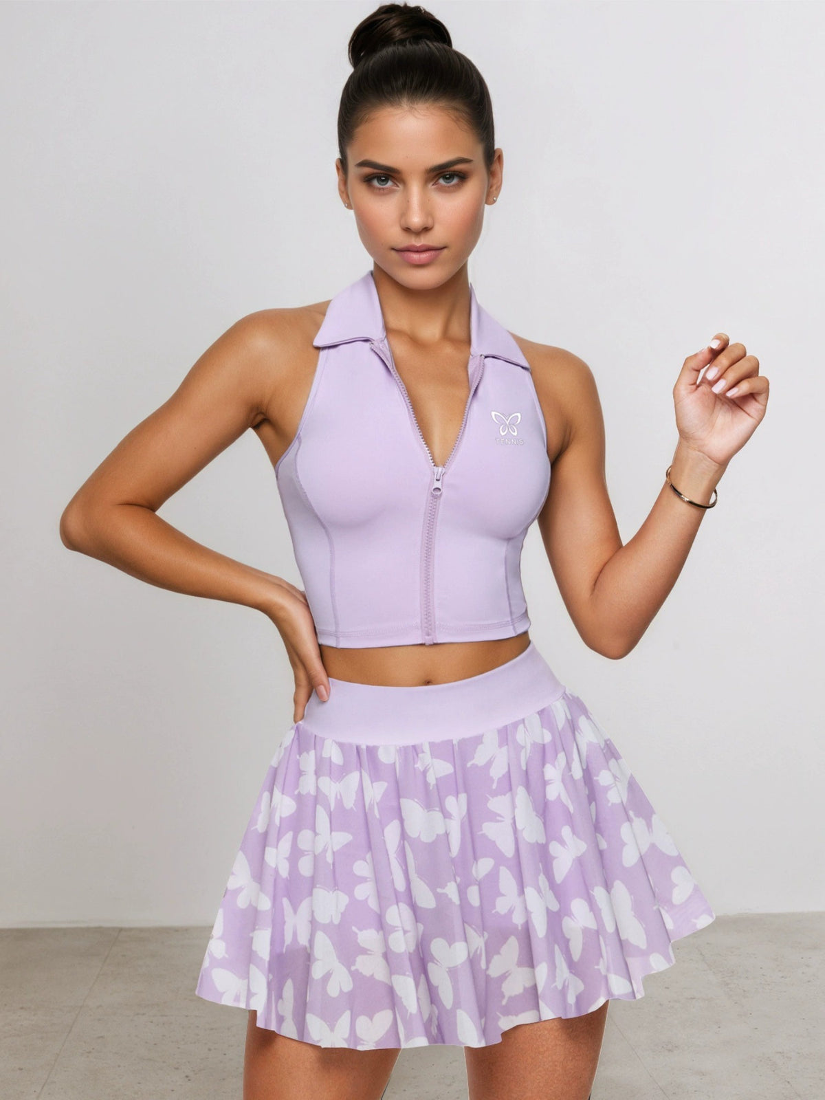 Halter Crop Top & Butterfly Print Tennis Skirt Set