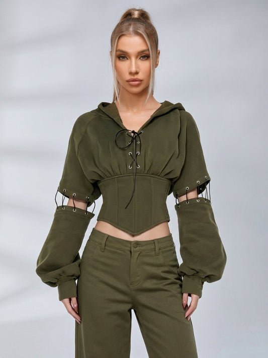 Army Green High Street Cutout Sleeve Waist Slim Hooded 2 Piece Set