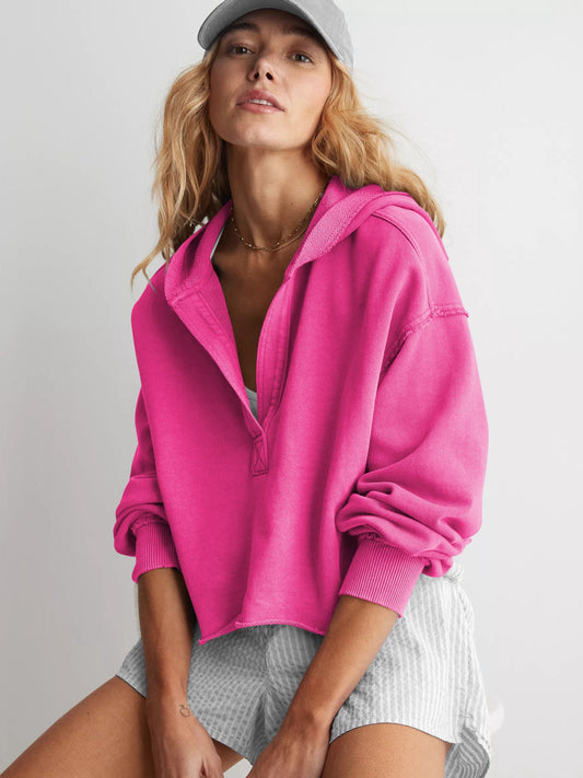 Casual V Neck Half Zip Hoodie