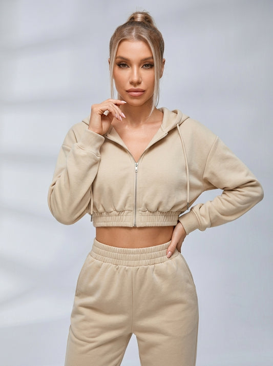 Velvet Zipper Pocket Hooded Casual Cropped Tracksuit