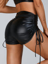ZASUWA Female PU Faux Leather Folds Drawstring Spandex Gym Booty Shorts