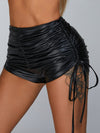ZASUWA Female PU Faux Leather Folds Drawstring Spandex Gym Booty Shorts